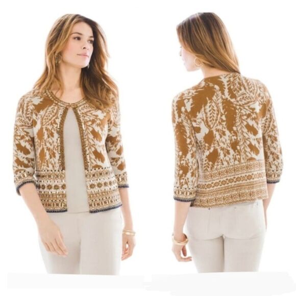 Chico's Tan Brown Open Front Crop Cardigan Sweater 3/4 Sleeve Embellished M/8 - Picture 3 of 11